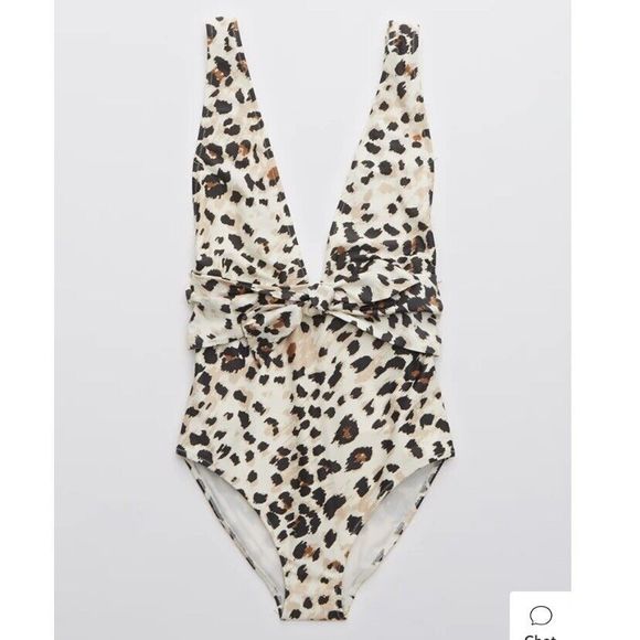 Aerie Leopard Deep Plunge One Piece Swimsuit Size Large Tie Front Full Coverage - Picture 4 of 10